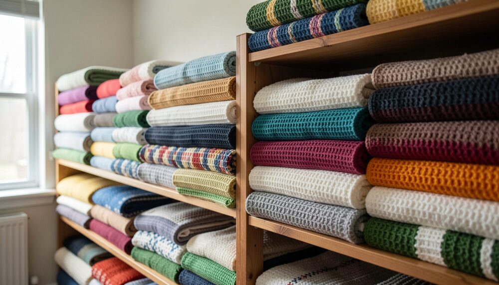 Neat rows of folded crochet afghans in different colors stacked on wooden shelves.