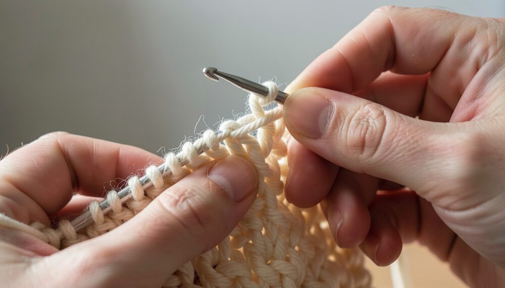 Close-up of hands forming a chain stitch with cream yarn and a metal crochet hook.