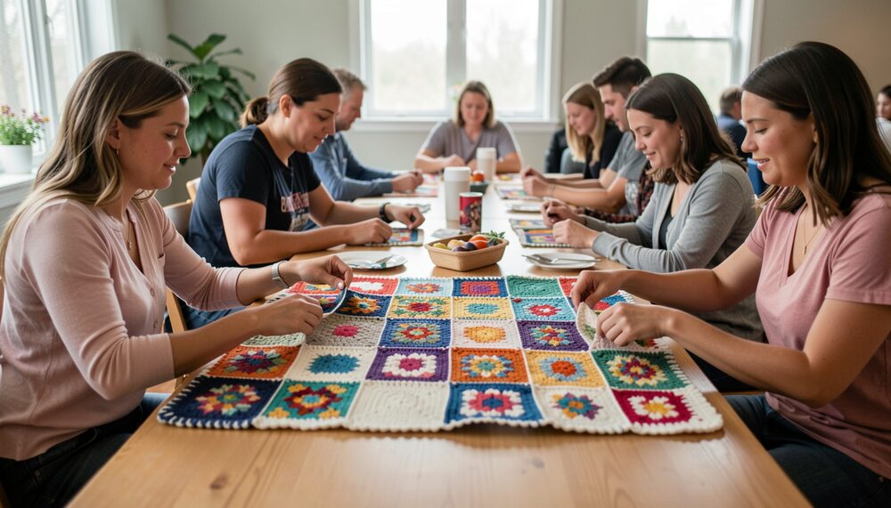 Volunteers joining small crocheted squares into a blanket on a large community table.