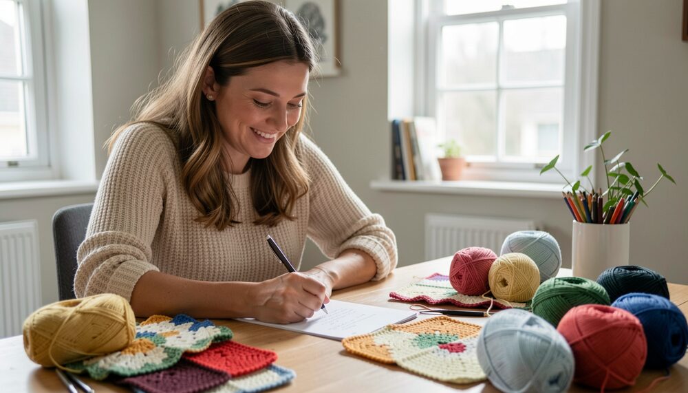 A friendly woman writing a note at a desk with crocheted samples and yarn around her.