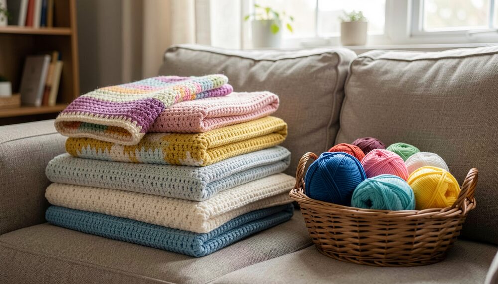 A stack of folded crochet blankets and hats on a couch beside a basket of colorful yarn.