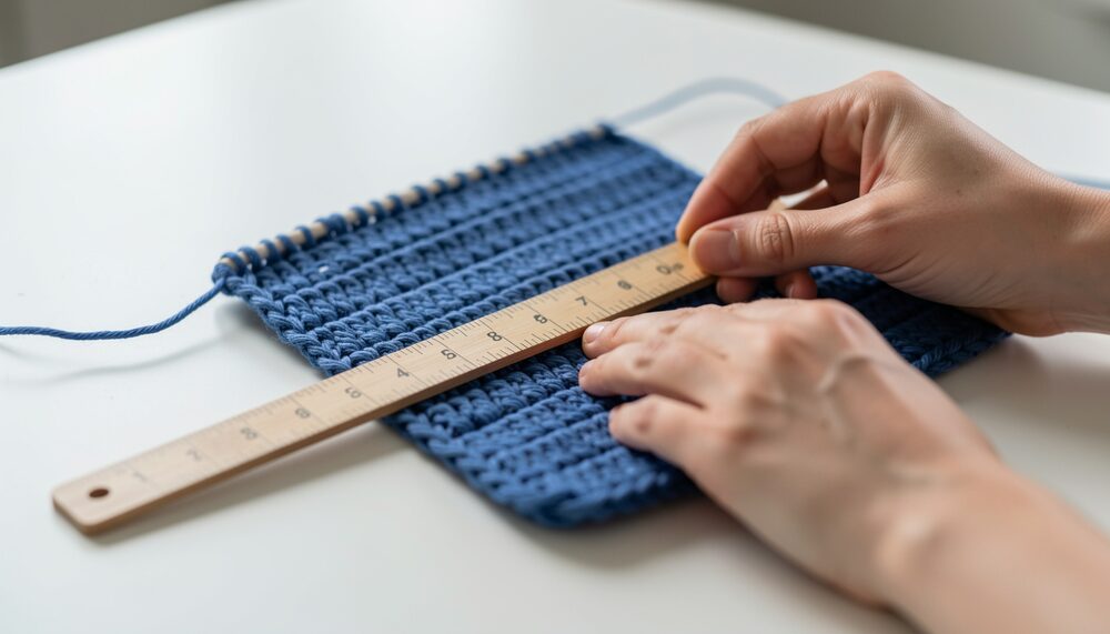 Hands measuring a blue crocheted swatch with a wooden ruler on a white table.