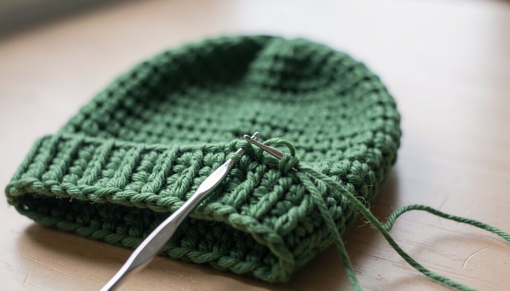 Close-up of a half finished crochet hat in green yarn with a hook inserted in a stitch.