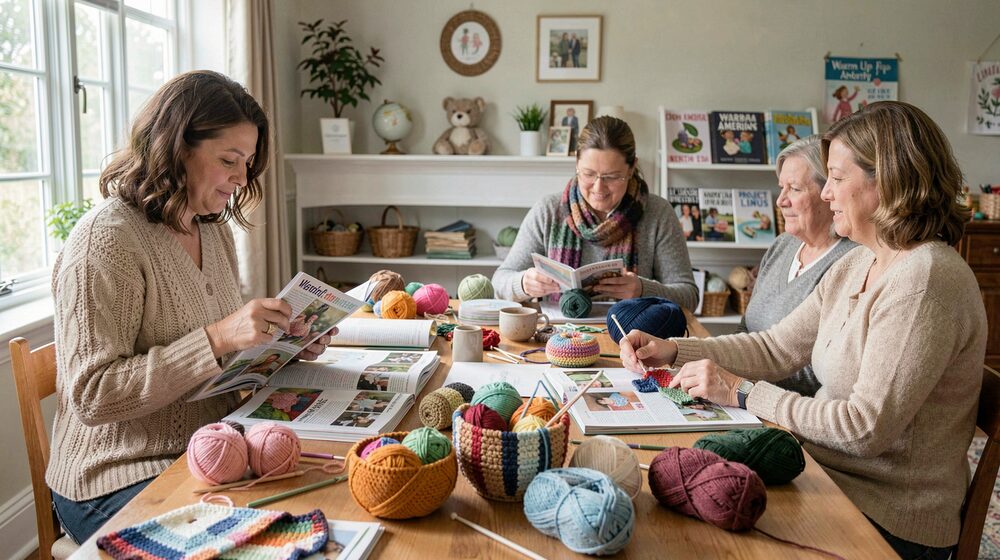 Hands crocheting a red and cream blanket on a wooden table with balls of yarn nearby.