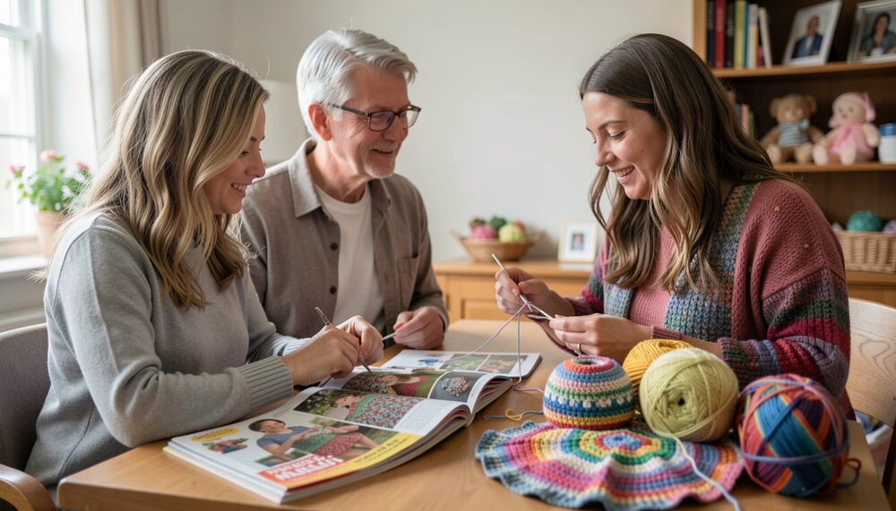A woman crocheting a small swatch at a wooden table with balls of yarn and a metal hook nearby.