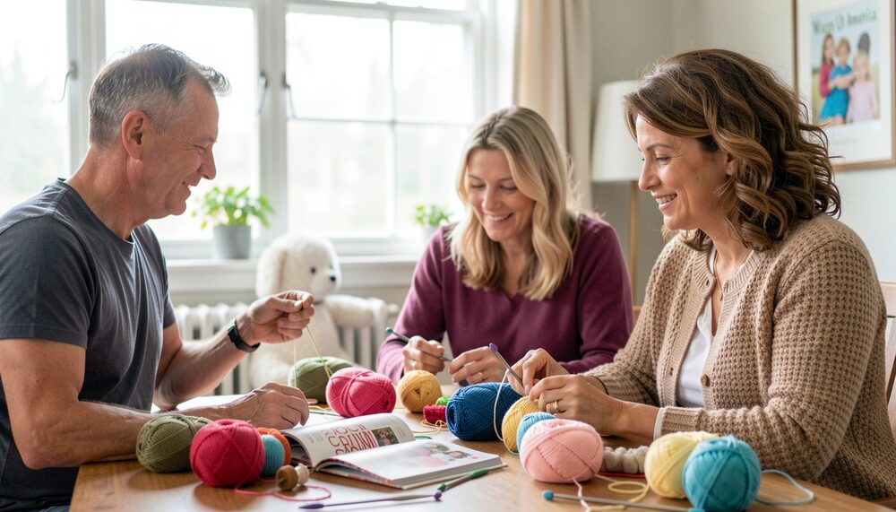 A stack of folded crochet blankets and hats on a couch beside a basket of colorful yarn.
