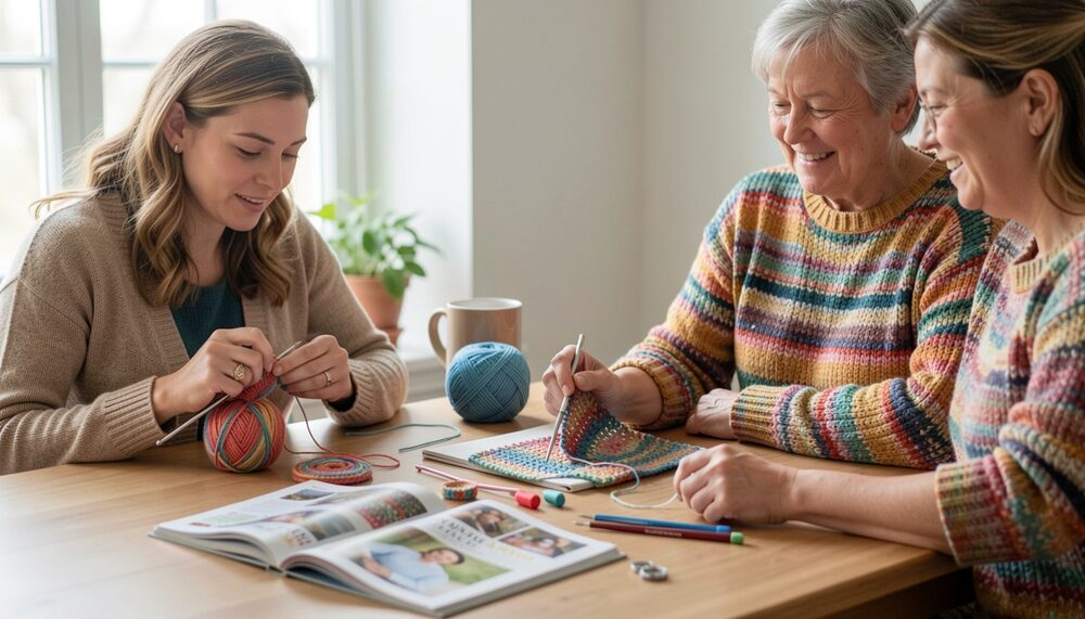 An older woman watching another woman demonstrate a crochet stitch at a kitchen table.