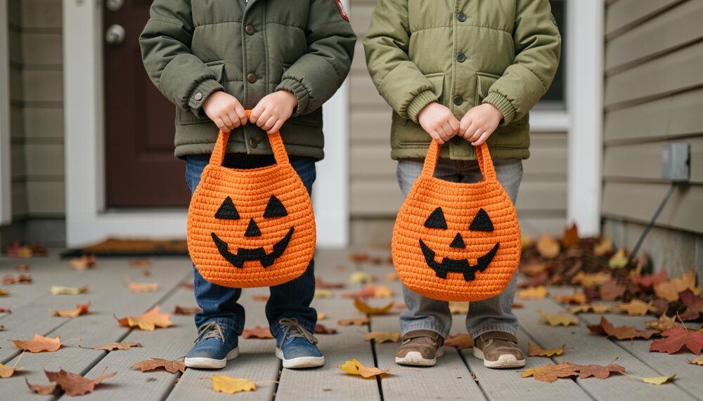 Two children holding orange crocheted trick or treat bags on a porch with autumn leaves.