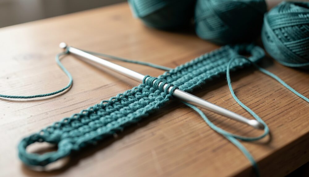 A long Tunisian crochet hook with a cord holding loops of teal yarn on a wooden desk.