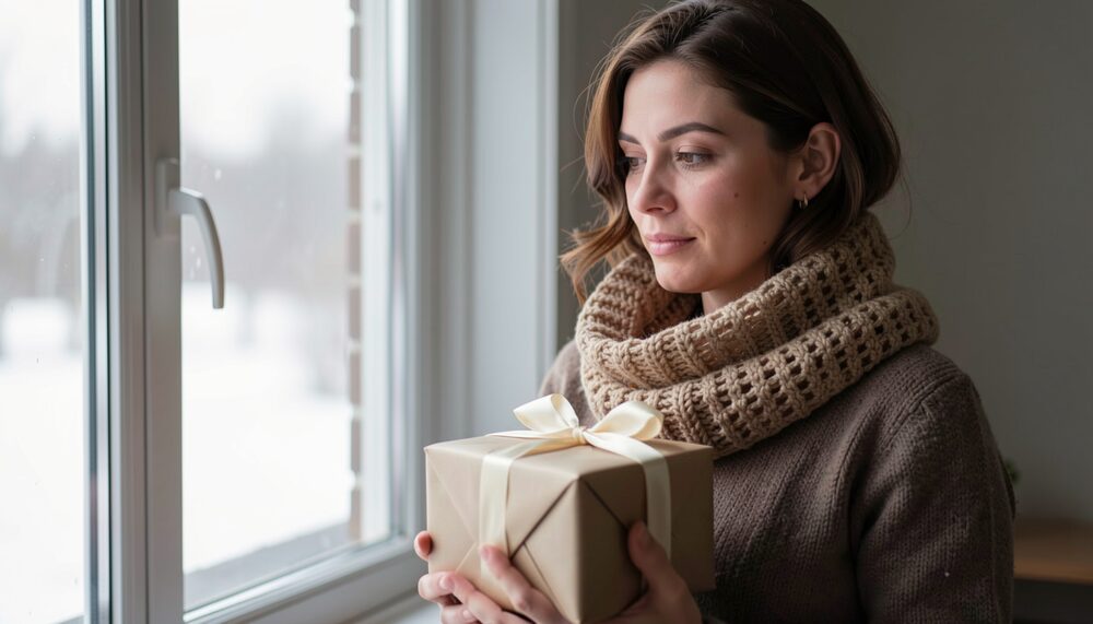 A woman wearing a thick crocheted cowl and holding a wrapped gift near a winter window.