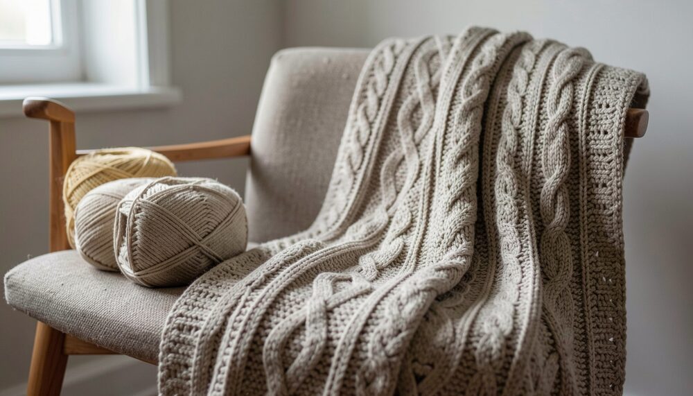 A close-up of a textured cable crochet scarf draped over a chair with yarn nearby.