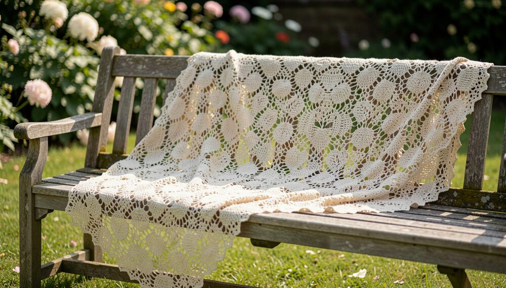 A light lacy crochet shawl spread over a garden bench in soft summer sunlight.