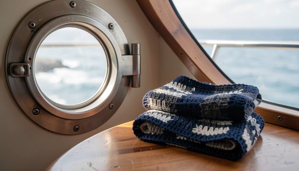 A navy and gray crocheted scarf folded beside a porthole with a glimpse of the sea.