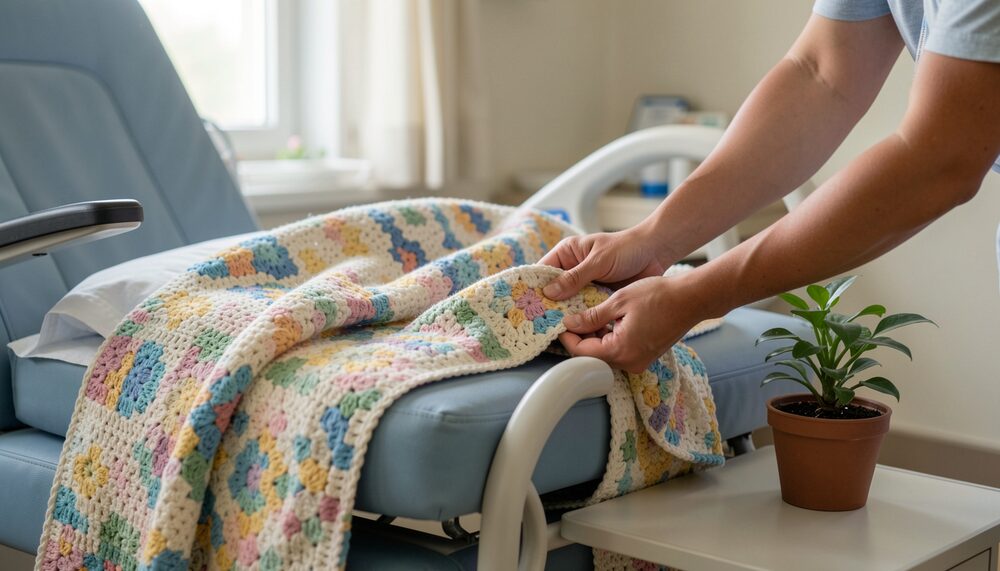 Hands placing a soft crocheted blanket over a hospital chair beside a small plant.