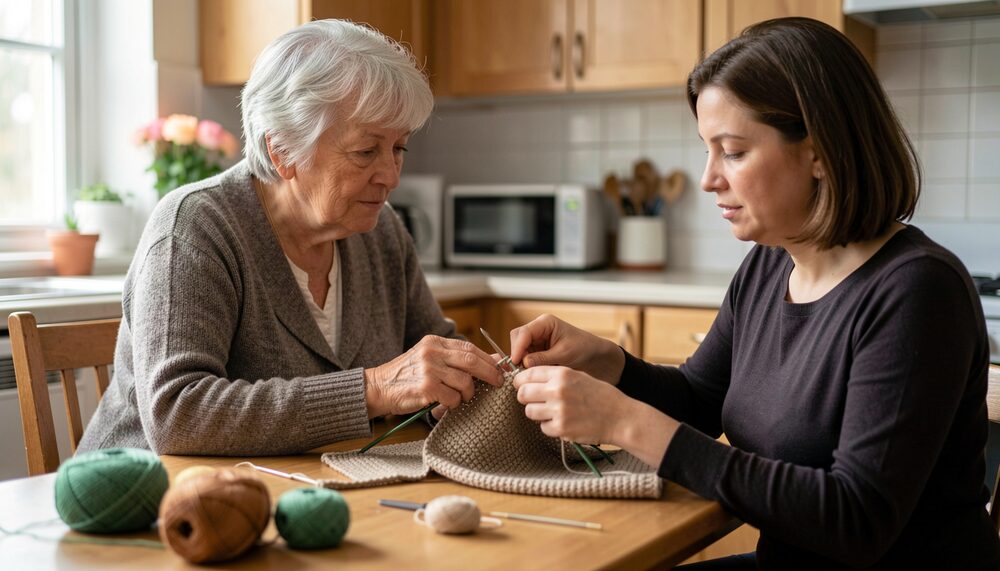 An older woman watching another woman demonstrate a crochet stitch at a kitchen table.